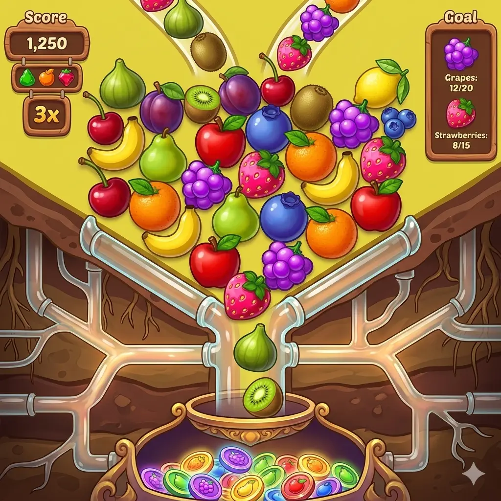 Connect and Remove Fruits gameplay showing colorful fruits dropping into a recess and disappearing in chain reactions.