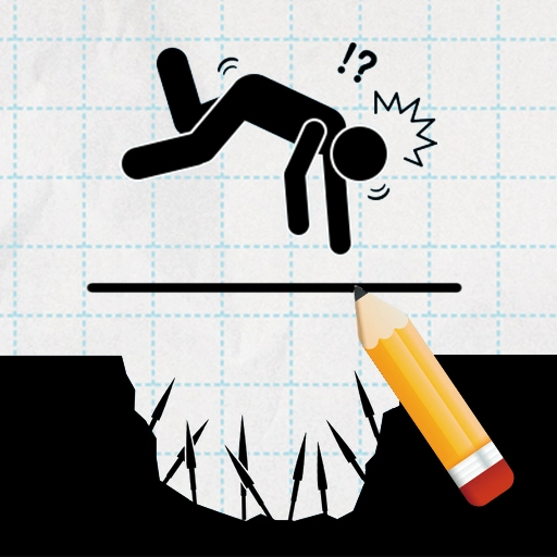Draw Save Puzzle game - stickman character threatened by sword and bomb, player drawing a protective line barrier on screen, free browser drawing puzzle