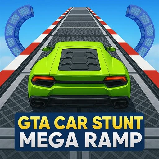GTA Stunt Unblocked - Stolen sports car launching off a massive city rooftop ramp with the skyline lit up at night below, play free online no download