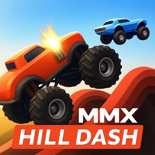 MMX Hill Dash Unblocked - Monster truck launching off a rocky hill crest with dust flying in the air, play free online no download