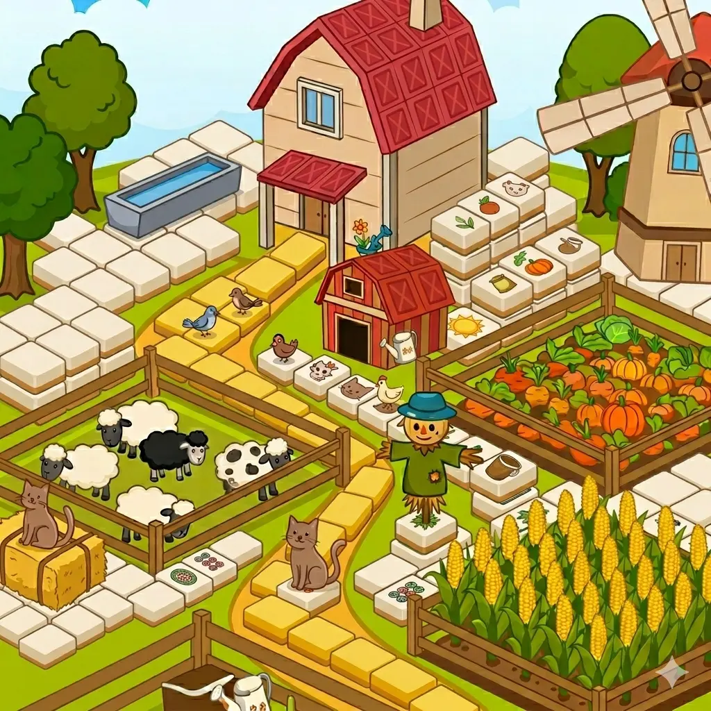 Mahjong Build Farm gameplay showing a board of colorful farm-themed tiles and a partially built farm in the background.