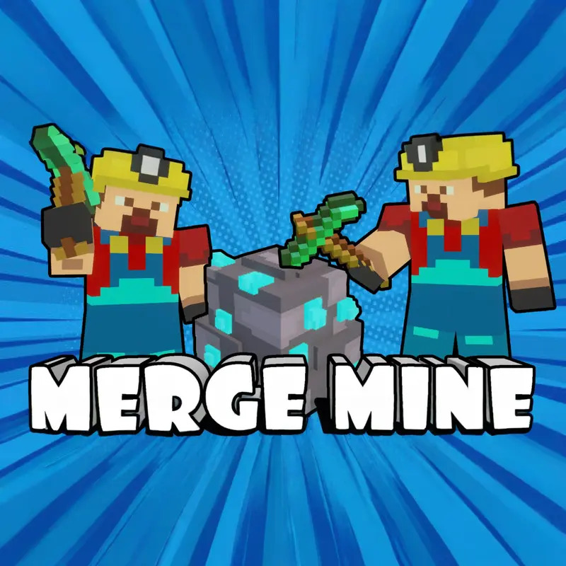 Merge Mine Idle Clicker game - blocky miner striking a diamond vein, tool merge grid visible with identical tools being combined, free browser idle game